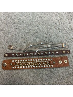 Bundle of brown rhinestone Chainlink  leather bracelets western rodeo stampede